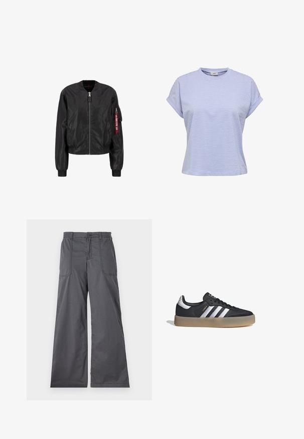 Chaqueta bomber negra con cierre de cremallera frontal, cuello y puños acanalados, bolsillos laterales y un bolsillo de utilidad en la manga con un detalle de etiqueta roja.; Camiseta de rayas azul claro con escote redondo, mangas cortas enrolladas y un corte relajado. Hecha de una tela suave con una textura lisa.; Pantalones de pierna ancha grises con una textura suave, que cuentan con bolsillos frontales, un cierre de botón y detalles cosidos a lo largo de las costuras.; Zapatilla deportiva de cuero negro con tres rayas plateadas, punta texturizada y suela de goma. Cuenta con un collar acolchado y un diseño con cordones.