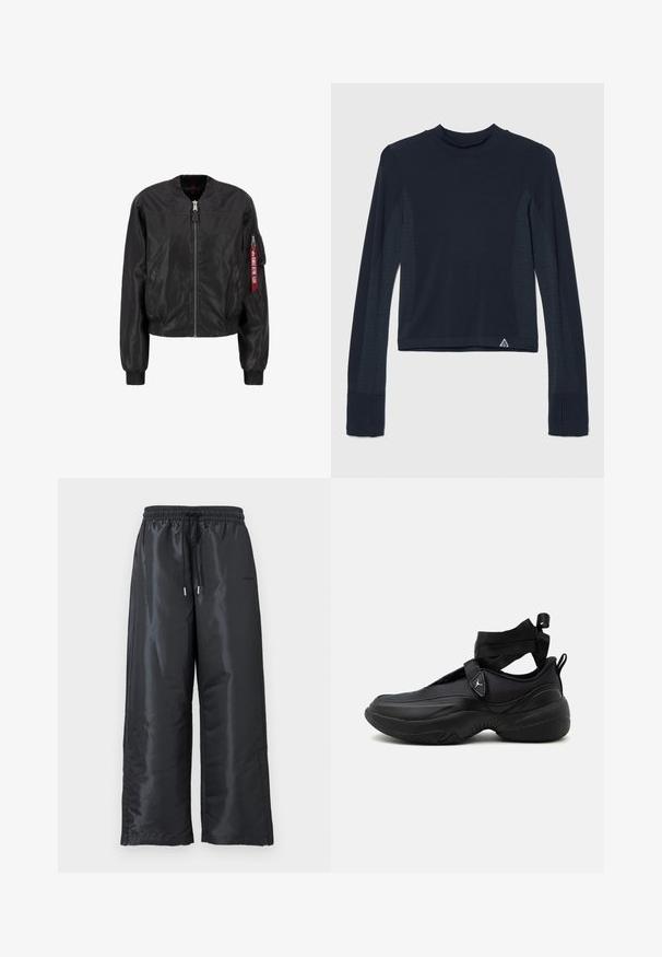 Chaqueta bomber negra con cierre de cremallera frontal, cuello y puños acanalados, bolsillos laterales y un bolsillo de utilidad en la manga con un detalle de etiqueta roja.; Camiseta de manga larga azul marino con textura de canalé, con acentos de puntos a lo largo de las mangas y un cuello alto. Logo de la marca en la parte inferior izquierda.; Pantalones negros de pierna ancha, hechos de una tela brillante y suave. Cuentan con una cinturilla elástica con cordón y bolsillos laterales.; Zapatilla deportiva negra con suela gruesa, correa en el tobillo y cierre de lazo de tela, mostrada desde el lado izquierdo sobre un fondo blanco.