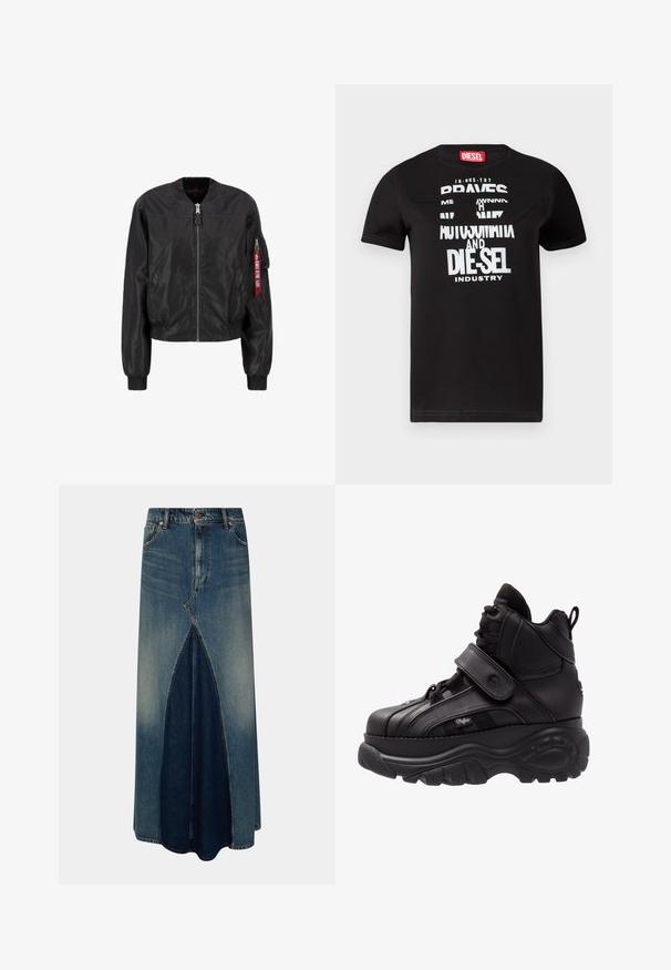 Chaqueta bomber negra con cierre de cremallera frontal, cuello y puños acanalados, bolsillos laterales y un bolsillo de utilidad en la manga con un detalle de etiqueta roja.; Camiseta negra de algodón con un diseño gráfico único que presenta texto blanco que dice "BRAVES", un recorte detallado y una etiqueta roja en el cuello.; Falda maxi de mezclilla azul con pliegue invertido frontal, pasadores para cinturón, cierre de botón y cremallera, y detalles de lavado desgastado.; Zapatillas altas negras con suela de goma gruesa, parte superior de cuero, cierres de cordones y tiras de Velcro, y detalles de panel lateral texturizado.
