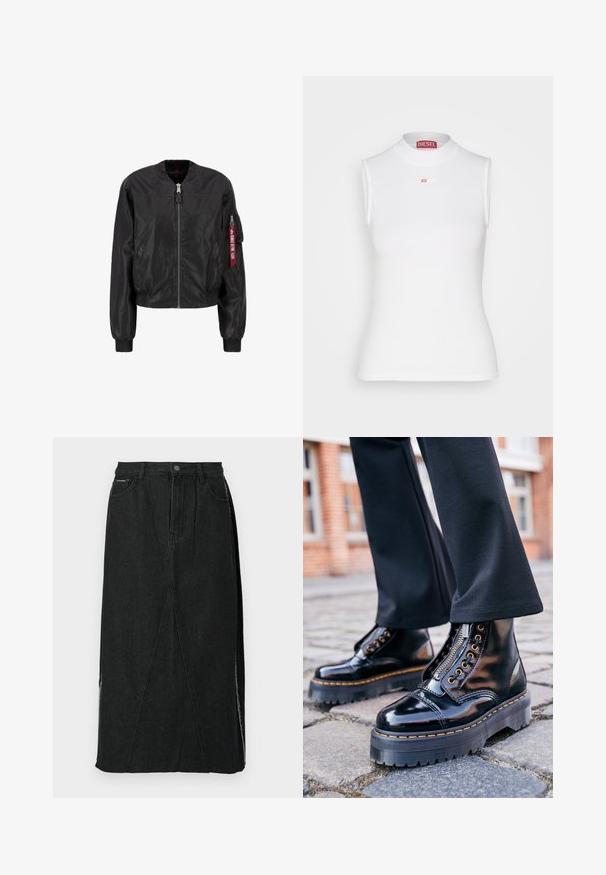 Chaqueta bomber negra con cierre de cremallera frontal, cuello y puños acanalados, bolsillos laterales y un bolsillo de utilidad en la manga con un detalle de etiqueta roja.; Top sin mangas de color blanco con un alto cuello acanalado, que presenta un pequeño logo rojo de Diesel en la parte frontal. Fabricado con un material ajustado y elástico.; Falda de mezclilla negra con cintura alta, corte recto y costuras inclinadas únicas. Presenta aberturas laterales y un cierre de botones en la cinturilla.; Botas anatómicas de charol negro con una suela de goma gruesa, cremallera lateral, herrajes dorados y detalle de costura amarilla en contraste.