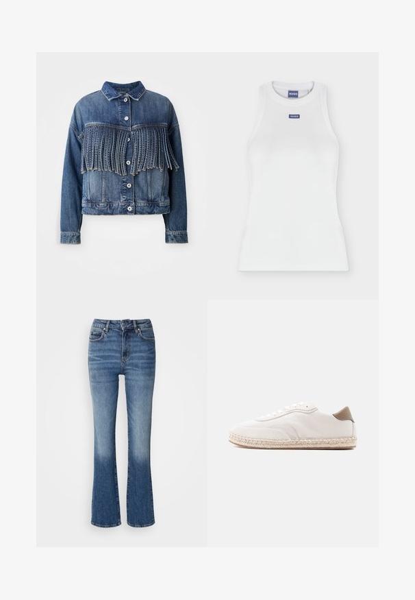 Denim jack in medium blauw met franjes op de borst. Voorzien van een kraag, frontknopen en een klassieke snit.; Witte aangesloten mouwloze tanktop met ronde hals en klein blauw HUGO-logo label op de borst en binnen in de kraag.; Denim flared jeans in een licht naar donkerblauwe gradient, met een hoge taille, vijf zakken en lichte vervaging op de onderbenen.; Witte sneaker met een bovenwerk van suède, beige accenten en een gevlochten juten zool. Voorzien van platte veters en een gebrandmerkt zijlogo.