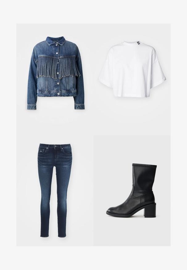 Denim jack in medium blauw met franjes op de borst. Voorzien van een kraag, frontknopen en een klassieke snit.; Witte cropped t-shirt van katoen, met brede korte mouwen en een hoge halslijn. Het label "HUGO" is in zwart op de kraag gedrukt.; Skinny jeans in donkerblauwe denim. Standaard vijf-pocket ontwerp met een rits en knoopsluiting aan de voorkant. Gladde textuur met een lichte vervaging.; Zwarte leren enkellaars met een ronde neus, een gladde textuur en een chunky hak, met een strak schacht en subtiele stiksels.