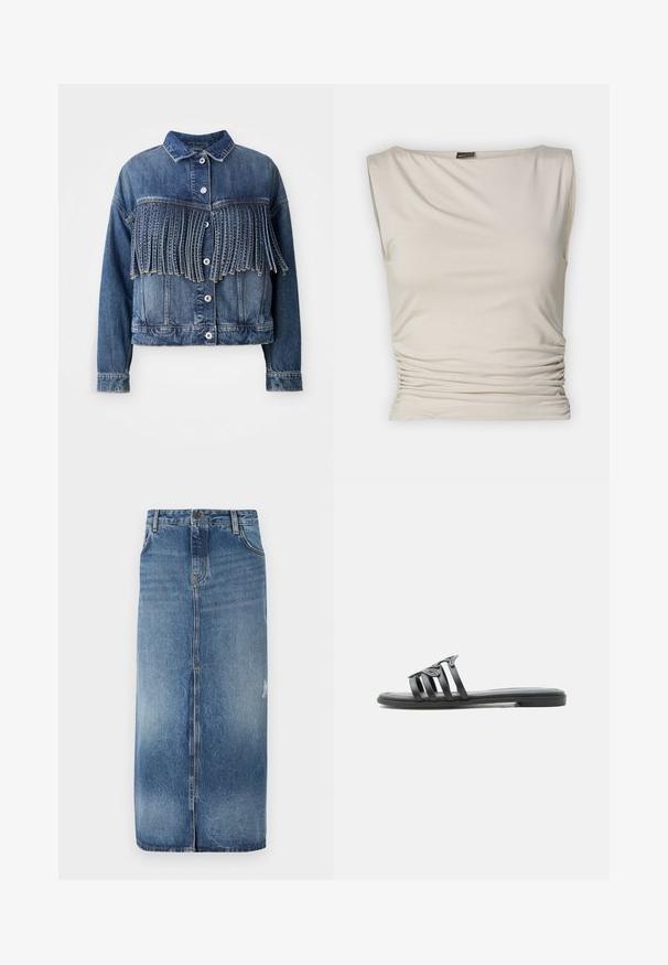 Denim jack in medium blauw met franjes op de borst. Voorzien van een kraag, frontknopen en een klassieke snit.; Gina Tricot SOFT TOUCH BOATNECK TOP - Top - pumice stone; Denim midi-rok met een licht naar donkerblauwe gradient, sluiting aan de voorkant en subtiele versleten details bij de zoom. Rauwe rand aan de onderkant.; Zwarte platte slip-on sandaal met dunne horizontale bandjes en decoratieve opengewerkte details op een witte achtergrond.