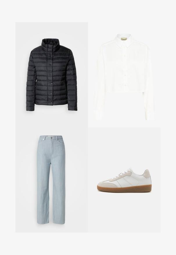 Veste col montant noire en duvet avec des fermetures à boutons et un motif matelassé horizontal. Le matériau semble léger et résistant à l'eau.; Chemise blanche raccourcie à manches longues, col pointu et boutonnage devant. Fabriquée dans un tissu lisse avec un design épuré et minimaliste.; Jean droit en denim bleu clair. Comprend cinq poches, une fermeture à bouton en métal et un léger délavage pour la texture.; Baskets en cuir blanc avec des accents en suède beige, languette texturée et semelle en caoutchouc. Elles sont dotées de lacets blancs et de détails couture subtils.