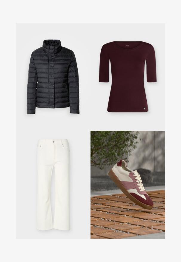 Veste col montant noire en duvet avec des fermetures à boutons et un motif matelassé horizontal. Le matériau semble léger et résistant à l'eau.; Haut moulant bordeaux pour femme, à manches trois-quarts et col rond, présenté sur fond blanc uni. Aucun motif ou dessin visible.; Jean flare blanc court avec fermeture à bouton et zip à l'avant, passants pour ceinture, et poches à l'avant et à l'arrière, présenté sur un fond uni.; Baskets en cuir blanc avec accents en suède bordeaux et rose, dotées d'une semelle texturée et d'un design classique à lacets, surélevées au-dessus d'une surface en bois.