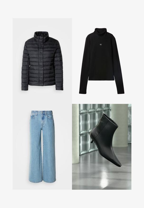 Veste col montant noire en duvet avec des fermetures à boutons et un motif matelassé horizontal. Le matériau semble léger et résistant à l'eau.; Haut noir à col roulé côtelé à manches longues avec petit patch carré du logo Calvin Klein centré sur la poitrine.; Jean large bleu clair en denim, avec une taille haute, un design à cinq poches et un léger dégradé sur le tissu.; Bottine en cuir noir à bout pointu et petit talon kitten, présentée en angle devant un sol poli et un mur en blocs de verre.