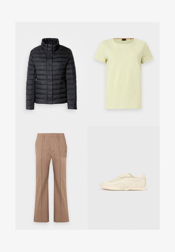 Veste col montant noire en duvet avec des fermetures à boutons et un motif matelassé horizontal. Le matériau semble léger et résistant à l'eau.; T-shirt jaune clair à manches courtes et col rond avec un petit logo blanc "Boss" centré près de l'encolure.; Pantalon beige droit avec plis devant, passants de ceinture et taille haute, présenté sur fond blanc.; Baskets basses de couleur crème avec des coutures ondulées, une fermeture à lacets et une semelle crantée, vues de côté sur un fond uni.