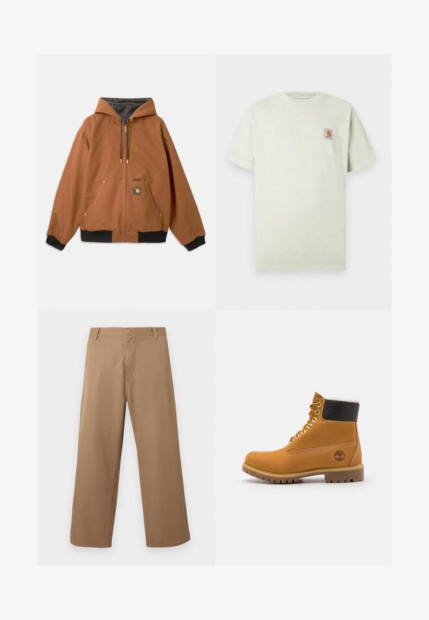 Brun zip-up hættetrøje med hætte, sorte ribbede manchetter, guld lynlåsdetaljer og et logo-patch på forsiden. Fremstillet af slidstærkt materiale.; Lysegrøn bomulds t-shirt med kortærmer, rund halsudskæring og et lille kvadratisk patch med et logo på venstre bryst. Blød tekstur.; Beige bukser med vide ben, bæltestropper, forreste knap og lynlås, vist mod en ensartet lys baggrund.; Brune læder ankelstøvle med metaløjer, hvid pelsforing, sort polstret krave, robust sål og præget logo på siden.