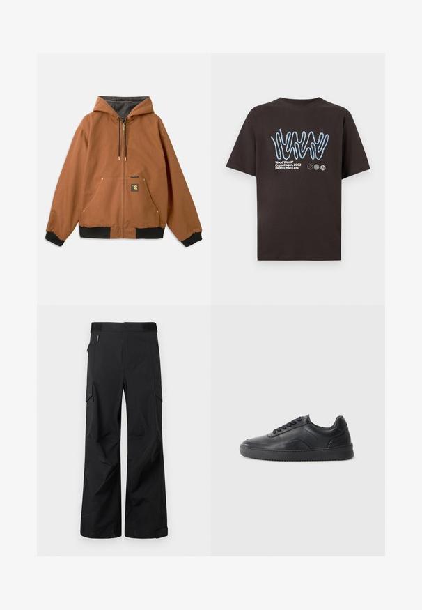 Brun zip-up hættetrøje med hætte, sorte ribbede manchetter, guld lynlåsdetaljer og et logo-patch på forsiden. Fremstillet af slidstærkt materiale.; Sort T-shirt med korte ærmer med blåt abstrakt krusedull-design og hvid tekst, der lyder "Wood Wood Copenhagen, 2002 Not To Be Trusted" med tre små cirkulære symboler.; Sorte cargo-bukser lavet af et glat, vandafvisende stof. Har brede ben, flere sidelommer og en flad talje med diskret branding.; Sorte lædersneakers med en glat finish, rund tå, struktureret sidelæder og sorte snørebånd. Har en flad gummisål og et minimalistisk design.