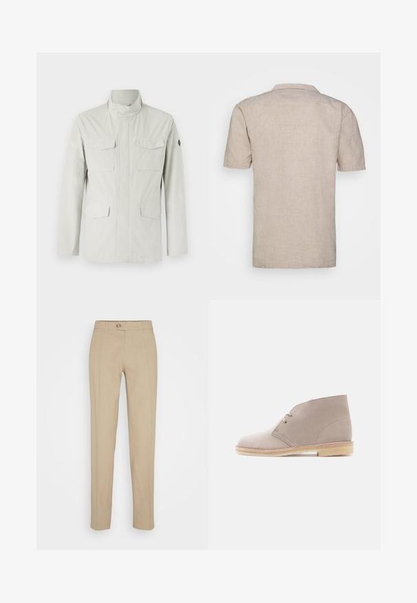 Chaqueta de longitud media de color claro que presenta un cuello alzado, cierre frontal con cremallera y cuatro bolsillos de parche. Tejido suave y resistente al agua.; Camisa de lino beige de manga corta con cuello, que presenta un tejido texturizado y dobladillo recto, sin patrones ni acentos visibles.; Pantalones beige de lino con un diseño de pierna recta, que cuentan con un cierre de botón, trabillas para cinturón y una textura suave.; Bota corta de ante beige con cordones de dos ojetes, suela de crepé y tacón bajo apilado, vista lateral sobre un fondo liso.
