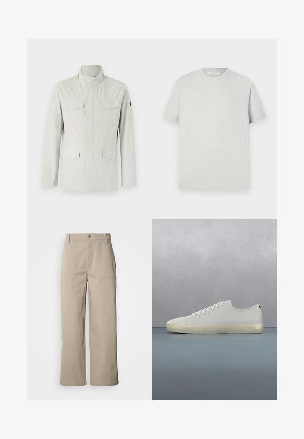 Veste de couleur claire, de longueur intermédiaire, avec un col montant, fermeture à glissière sur le devant et quatre poches appliquées. Tissu lisse et résistant à l'eau.; T-shirt à manches courtes gris clair en matière douce, avec un col rond et une coupe décontractée, sans motifs ni accents visibles.; Pantalon beige à jambes larges en coton ; doté de poches plaquées à l'avant, d'une fermeture à bouton et de coutures visibles le long des ourlets.; Baskets en cuir blanc avec lacets flottant au-dessus de carreaux en bois carrés et de petits cailloux, avec un arbre et un fond gris.