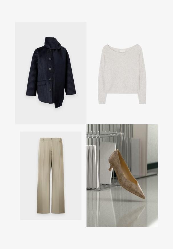 Marinejasje met verticale streepjes, een hoge kraag, zeven knopen, één zak en contrasterende stof aan één kant. Gemaakt van een textuurmateriaal.; Lichtgrijze, cropped pullover trui gemaakt van zacht materiaal. Het heeft een off-shoulder halslijn en schoudervallen mouwen. Soepele textuur.; Wijde broek met een zachte beige stof, voorzien van een flatte voorkant, riemlussen en een gladde textuur. Standaard tailleband zonder zichtbare patronen.; Beige kitten heel schoen met puntige neus en een subtiel patroon, zwevend boven een reflecterend oppervlak bij metalen draad organizers.