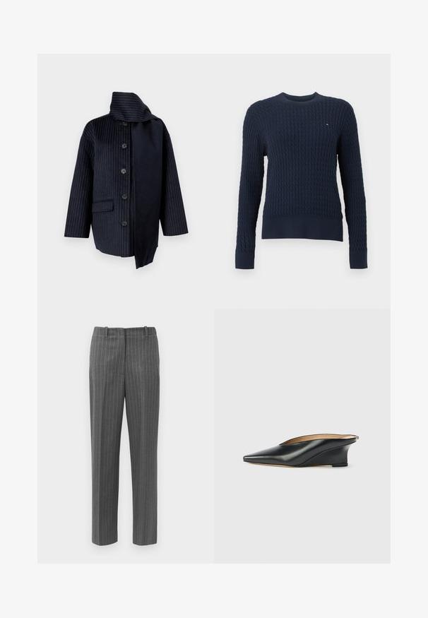Marinefrakke med lodrette striber, høj krave, syv knapper, en lomme og kontraststof på den ene side. Lavet af struktureret materiale.; Navyblå kabelstrikket sweater med lange ærmer, rund hals, ribstrikkede ærmeafslutninger, kant og lille Tommy Hilfiger flaglogo på brystet.; Grå stribede bukser med skræddersyet pasform, der har en glat tekstur og lige ben-design. Indeholder bæltestropper og frontlommer.; Sort laklæder kilehæl sko med spids tå og åben hæl, der har et elegant, buet design og minimalistisk stil.