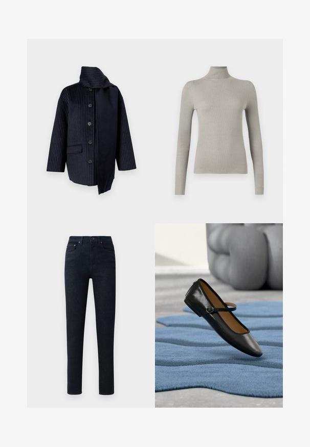 Marinefrakke med lodrette striber, høj krave, syv knapper, en lomme og kontraststof på den ene side. Lavet af struktureret materiale.; Lys grå, ribbet turtleneck sweater med lange ærmer. Blød tekstur, tætsiddende design, med høj hals og sømløs finish.; Mørkeblå denim bukser med lige ben, featuring en knaplukning, fem lommer og subtile stikninger.; Sort læder Mary Jane-sko med spænde, vist på et struktureret blåt tæppe, med en sløret grå tuftet sofa i baggrunden.