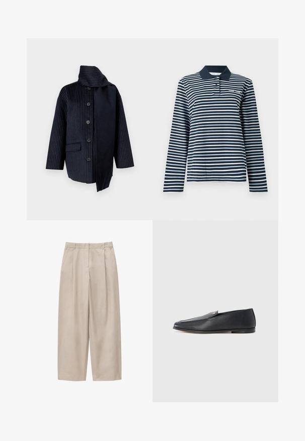 Marinejasje met verticale streepjes, een hoge kraag, zeven knopen, één zak en contrasterende stof aan één kant. Gemaakt van een textuurmateriaal.; Poloshirt met lange mouwen in marineblauw en witte strepen, gemaakt van katoen, met een knoopsluiting bij de kraag en een klein logo op de borst.; Beige wijde broek met plooien aan de voorkant, zijzakken, lussen voor een riem en een verborgen voorste sluiting.; Zwarte leren loafers met een gladde textuur, een afgeronde neus en subtiele stiksel details. Voorzien van een gouden logomerk aan de bovenzijde.