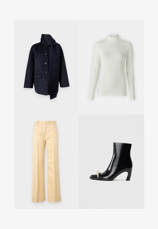 Marinejasje met verticale streepjes, een hoge kraag, zeven knopen, één zak en contrasterende stof aan één kant. Gemaakt van een textuurmateriaal.; Lange mouwen turtleneck-top in lichtcrème, gemaakt van een soepele, rekbare stof. Verstelbaar ontwerp met een geribbeld patroon bij de halslijn.; Beige rechte broek met hoge taille, riemlussen en voorvouwen tegen een effen achtergrond.; Zwarte enkelboot van glanzend leer, met een spitse neus en een decoratieve gouden en zilveren accent aan de voorkant. Ontwerp met blokhak.