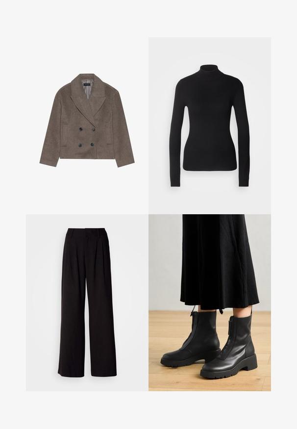 Brauner Wollmischung-Peacoat mit doppelter Knopfleiste, großen schwarzen Knöpfen, spitzen Revers und seitlichen Taschen, entworfen mit einer cropped Länge.; Schwarzer Rollkragenpullover aus leichtem Strickgewebe. Mit langen Ärmeln, taillierter Passform und weichem Ripptextil.; Schwarze weit geschnittene Hosen aus glattem Stoff, mit Falten an der Vorderseite, einem taillierten Bund und ohne sichtbare Muster oder Akzente.; Schwarze Lederstiefeletten mit einer dicken Plattformsohle und einem Reißverschluss vorne. Glatte Textur mit einem minimalistischen Design.