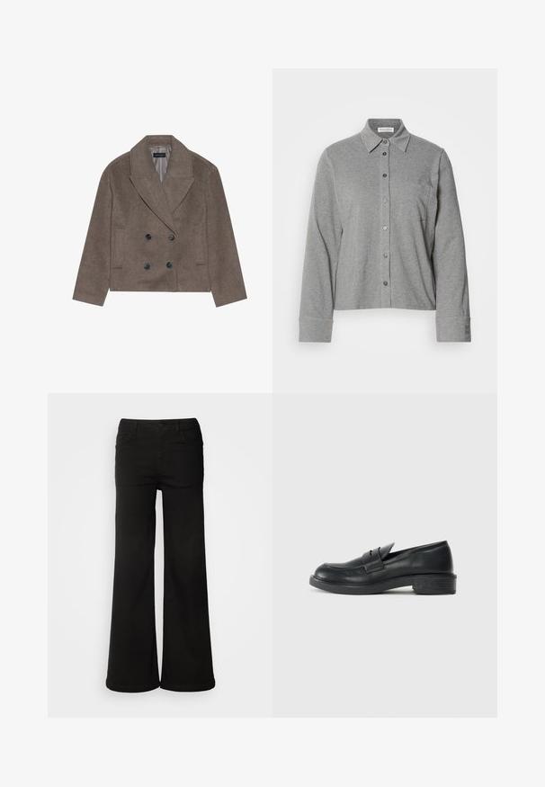 Brauner Wollmischung-Peacoat mit doppelter Knopfleiste, großen schwarzen Knöpfen, spitzen Revers und seitlichen Taschen, entworfen mit einer cropped Länge.; Graues Hemd aus weicher Baumwolle mit Kragen, langen Ärmeln, einer Brusttasche und einem Knopfmanschette mit Logodetail.; Schwarze, weit geschnittene Jeanshose aus Denim, mit vorderen Taschen, Knopfverschluss und einer glatten Textur mit sauberem Finish.; Schwarze Lederloafers mit abgerundetem Zehenbereich, genähten Details und kleinem Absatz. Glatte Textur und eine flexible Gummisohle.