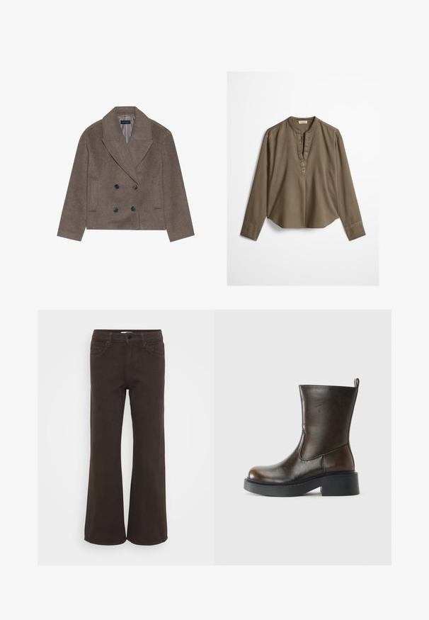 Brauner Wollmischung-Peacoat mit doppelter Knopfleiste, großen schwarzen Knöpfen, spitzen Revers und seitlichen Taschen, entworfen mit einer cropped Länge.; Braune, langärmelige, legere Bluse mit Stehkragen, vorderer Falte und leicht gewölbtem Saum, flach auf weißem Hintergrund ausgebreitet.; Weit geschnittene, schokoladenbraune Jeans aus Baumwollmischung. Verfügt über vier Taschen, Gürtelschlaufen und einen knöpfbaren Frontverschluss. Glatte Textur.; Dunkelbrauner Lederstiefel bis zur Mitte des Waden mit runder Spitze, dickem schwarzen Sohlen, niedrigem Blockabsatz und einer Zuglasche auf der Rückseite.