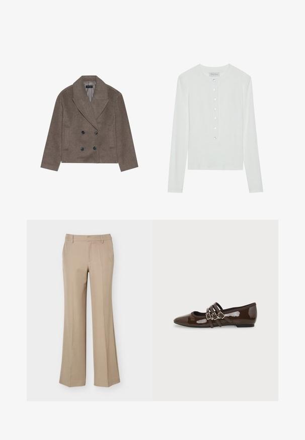 Brauner Wollmischung-Peacoat mit doppelter Knopfleiste, großen schwarzen Knöpfen, spitzen Revers und seitlichen Taschen, entworfen mit einer cropped Länge.; Weißes Langarmoberteil aus geripptem Stoff, mit einem runden Ausschnitt und einer Knopfleiste mit sechs transparenten Knöpfen.; Beige Damenhose mit Gürtelschlaufen, vorderer Bügelfalte und geradem, weitem Bein auf schlichtem weißem Hintergrund.; Brauner Lackleder-Flachschuh mit spitzer Zehenpartie und drei verstellbaren Schnallenriemen an der Seite, von der Außenseite gezeigt.