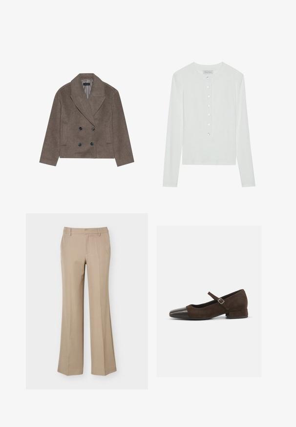 Brauner Wollmischung-Peacoat mit doppelter Knopfleiste, großen schwarzen Knöpfen, spitzen Revers und seitlichen Taschen, entworfen mit einer cropped Länge.; Weißes Langarmoberteil aus geripptem Stoff, mit einem runden Ausschnitt und einer Knopfleiste mit sechs transparenten Knöpfen.; Beige Damenhose mit Gürtelschlaufen, vorderer Bügelfalte und geradem, weitem Bein auf schlichtem weißem Hintergrund.; Braune Wildleder-Mary-Jane-Schuhe mit einer schwarzen Lackleder-Zehenspitze, verstellbarem Riemen und einem niedrigen Blockabsatz. Glatte Textur mit minimalen Akzenten.