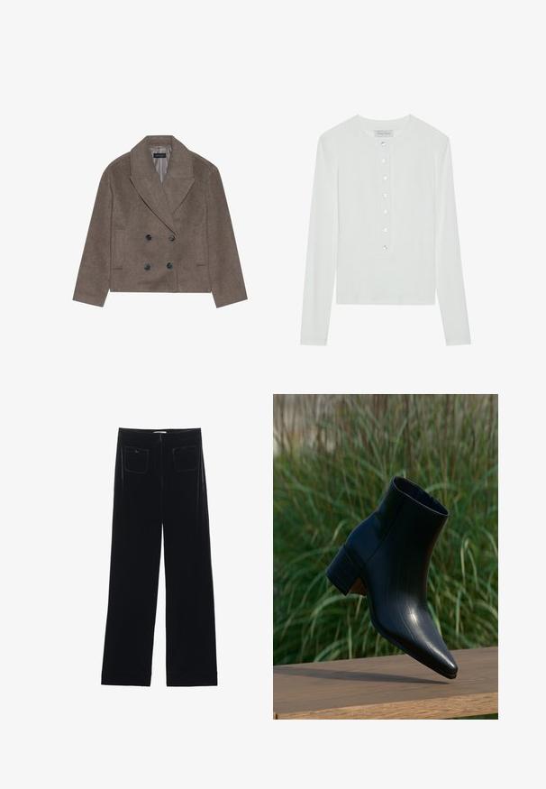 Manteau en mélange de laine marron avec un devant double boutonnage, de grands boutons noirs, des revers pointus et des poches latérales, conçu avec une longueur courte.; Haut à manches longues blanc en tissu côtelé, avec un col rond et un devant boutonné comportant six boutons transparents.; Pantalons larges en velours noir avec deux poches arrière et une texture lisse, présentant une coupe droite et une finition ourlée aux chevilles.; Bottine noire en cuir avec un bout pointu et un talon bloc reposant sur une surface en bois, avec une herbe verte haute en arrière-plan.