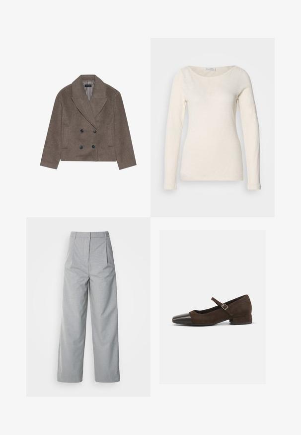 Brauner Wollmischung-Peacoat mit doppelter Knopfleiste, großen schwarzen Knöpfen, spitzen Revers und seitlichen Taschen, entworfen mit einer cropped Länge.; Langärmliges, Rundhalsoberteil in Off-White, aus einem weichen, leichten Stoff mit glatter Textur und minimalistischem Design.; Grauweite Beinhosen aus strukturiertem Stoff, mit hoher Taille, Falten an der Vorderseite und geradem Schnitt bis zum Saum.; Braune Wildleder-Mary-Jane-Schuhe mit einer schwarzen Lackleder-Zehenspitze, verstellbarem Riemen und einem niedrigen Blockabsatz. Glatte Textur mit minimalen Akzenten.