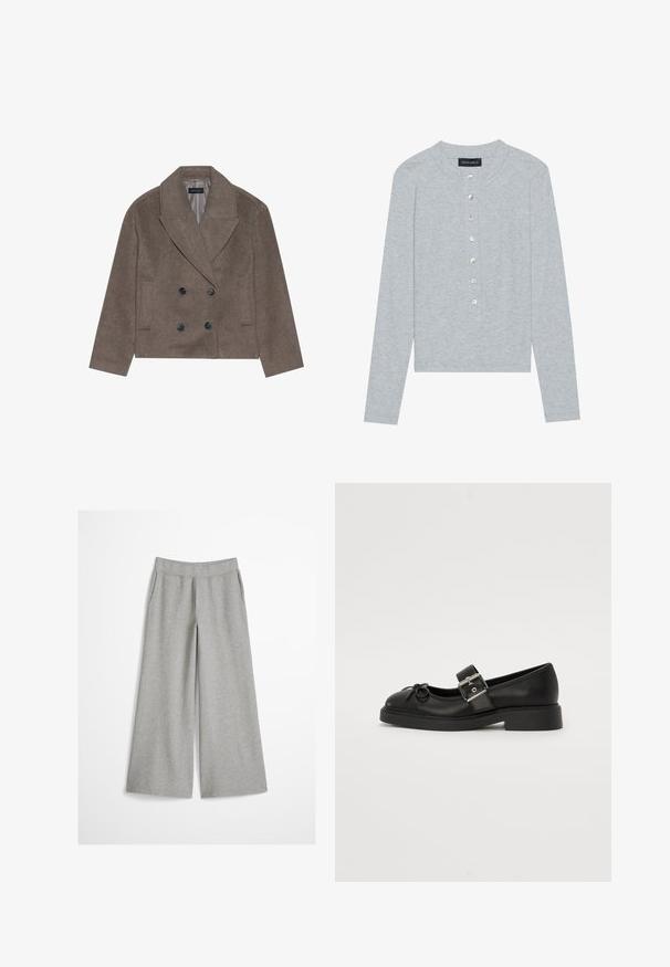 Brauner Wollmischung-Peacoat mit doppelter Knopfleiste, großen schwarzen Knöpfen, spitzen Revers und seitlichen Taschen, entworfen mit einer cropped Länge.; Grauer Cardigan mit langen Ärmeln aus geripptem Stoff, mit rundem Ausschnitt und sechs vorderen Knöpfen mit leichtem Glanz.; Hellgraue weite Hosen mit elastischem Bund, aus weichem Strickstoff, dargestellt vor einem schlichten weißen Hintergrund.; Schwarze Leder-Mary-Jane-Schuhe mit runder Zehenpartie, Knöchelriemen und silberner Schnallenverzierung. Verfügt über eine flache, dicke Sohle und eine Schleifenakzent.