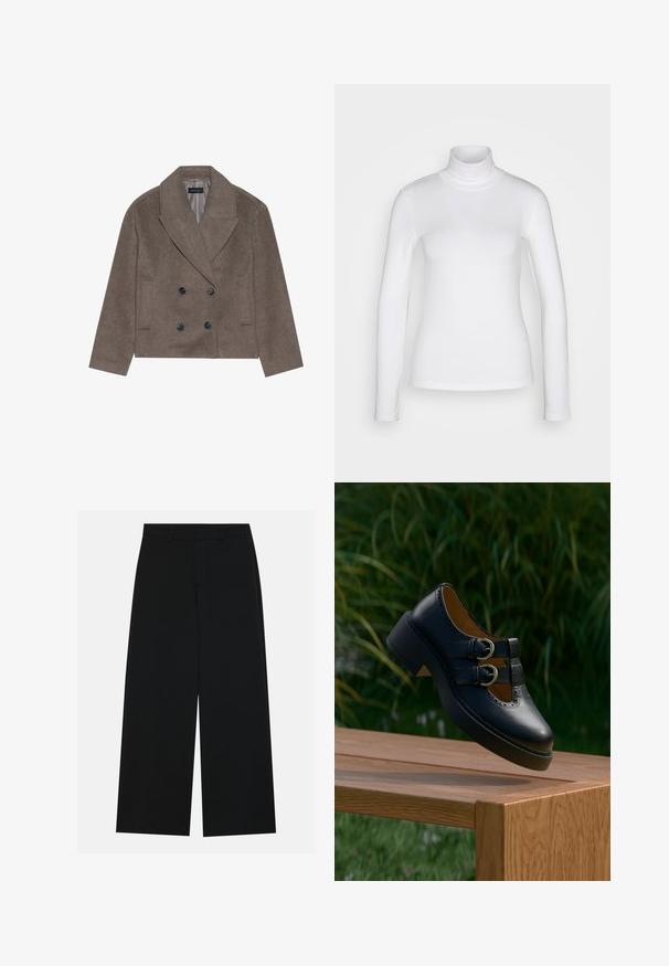 Manteau en mélange de laine marron avec un devant double boutonnage, de grands boutons noirs, des revers pointus et des poches latérales, conçu avec une longueur courte.; Chemise à col roulé blanc à manches longues en tissu lisse et extensible. Offre une coupe ajustée et un col haut. Pas de motifs ni d'accents visibles.; Pantalons noirs à jambe large en tissu lisse. Dotés d'une taille plate avec passants de ceinture et sans poches visibles. Design simple.; Chaussure noire en cuir à double boucle avec des détails perforés flottant au-dessus d'un banc en bois à l'extérieur avec de l'herbe verte et des plantes en arrière-plan.
