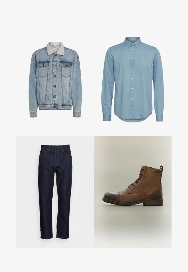 Chaqueta de mezclilla azul clara con cierre de botones, dos bolsillos en el pecho y un cuello de sherpa blanco.; Camisa de mezclilla azul claro con cuello abotonado, mangas largas y dobladillo curvado. Presenta una tapeta delantera con botones blancos.; Vaqueros de mezclilla azul oscuro con corte recto, cinco bolsillos y costuras amarillas en contraste. Diseñados con un cierre clásico de botón y cremallera.; Bota de cuero marrón con cordones hasta el tobillo, puntera negra, suela redonda y detalle de marca en el lateral sobre un fondo liso.