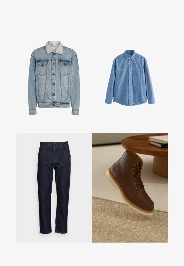 Hellblaue Jeansjacke mit Knopfleiste, zwei Brusttaschen und einem weißen Sherpa-Kragen.; Langärmliges blaues Chambray-Hemd mit Knopfleiste und zwei Brusttaschen, flach auf weißem Hintergrund liegend.; Dunkelblaue Denim-Jeans mit geradem Schnitt, fünf Taschen und kontrastierendem gelben Nähten. Mit einem klassischen Knopf- und Reißverschluss ausgestattet.; Braune Leder-Ankle-Boots mit beiger Sohle auf einem strukturierten beigen Teppich neben einem runden Holztisch mit gestapelten Büchern.