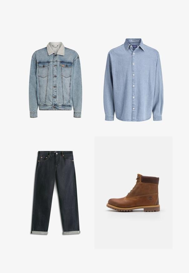 Hellblaue Jeansjacke mit Knopfleiste, zwei Brusttaschen und einem weißen Sherpa-Kragen.; Himmelblaue Jeanshemd mit langen Ärmeln, Kragen und weißen Knöpfen, präsentiert vor einem schlichten weißen Hintergrund.; Dunkelblaue Denim-Jeans mit umgeschlagenen Bündchen, fünf Taschen und kontrastierender Naht, flach auf weißem Hintergrund liegend.; Braune Lederwanderschuhe mit glatter Oberfläche, gepolstertem Knöchel, Metallösen und einer Gummisohle mit robustem Profil.