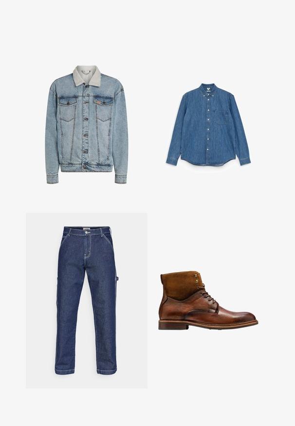 Hellblaue Jeansjacke mit Knopfleiste, zwei Brusttaschen und einem weißen Sherpa-Kragen.; Blaues Denim-Hemd mit langen Ärmeln, spitzem Kragen, weißen Knöpfen, einer einzelnen Brusttasche und geradem Saum. Gleichmäßige Textur und mittleres Gewicht.; Dunkelblaue Cargo-Jeans mit weißer Naht. Verfügt über Seitentaschen, ein gerades Bein Design und einen klassischen Knopfverschluss.; Kazar ALID - Schnürstiefelette - brown