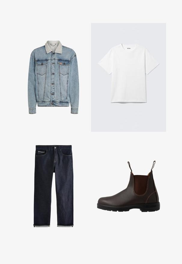 Chaqueta de mezclilla azul clara con cierre de botones, dos bolsillos en el pecho y un cuello de sherpa blanco.; Camiseta blanca de manga corta con cuello redondo, colocada plana, diseño liso, con etiqueta "WEEKDAY" en el interior del cuello sobre un fondo claro.; Vaqueros de mezclilla azul oscuro con puños doblados, cierre de botón y cremallera, bolsillos delanteros y para monedas, y costuras en contraste sobre un fondo blanco.; Bota Chelsea de cuero marrón con panel elástico lateral, costuras marrones, tiradores y suela de goma resistente con un patrón texturizado.