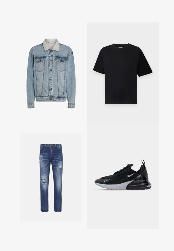 Hellblaue Jeansjacke mit Knopfleiste, zwei Brusttaschen und einem weißen Sherpa-Kragen.; Schwarzes T-Shirt mit kurzen Ärmeln und Rundhalsausschnitt, in lockerer Passform, auf einem weißen Hintergrund präsentiert.; Jeans aus mittlerem Blau mit entspanntem Schnitt, versehen mit abgenutzten Stellen und verblassten Details auf der Vorderseite, Standard-Fünf-Taschen-Design.; Schwarzer Sportschuh mit Mesh-Obermaterial, weißer Zwischensohle und sichtbarem Luftpolster im Fersenbereich. elegantes Design mit dezenten silbernen Akzenten.