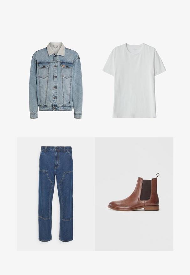 Hellblaue Jeansjacke mit Knopfleiste, zwei Brusttaschen und einem weißen Sherpa-Kragen.; Frank Dandy Bamboo Tee - T-Shirt basic - white; Blaue Denim-Jeans mit geradem Bein, vorderen aufgesetzten Taschen und kontrastierenden Nähten. Der Stoff hat eine klassische Textur und Ausführung.; Braune Leder Chelsea-Boots mit glatter Oberfläche, elastischen seitlichen Einsätzen und einem Zugtab, runder Zehenform und flachem Holzabsatz.