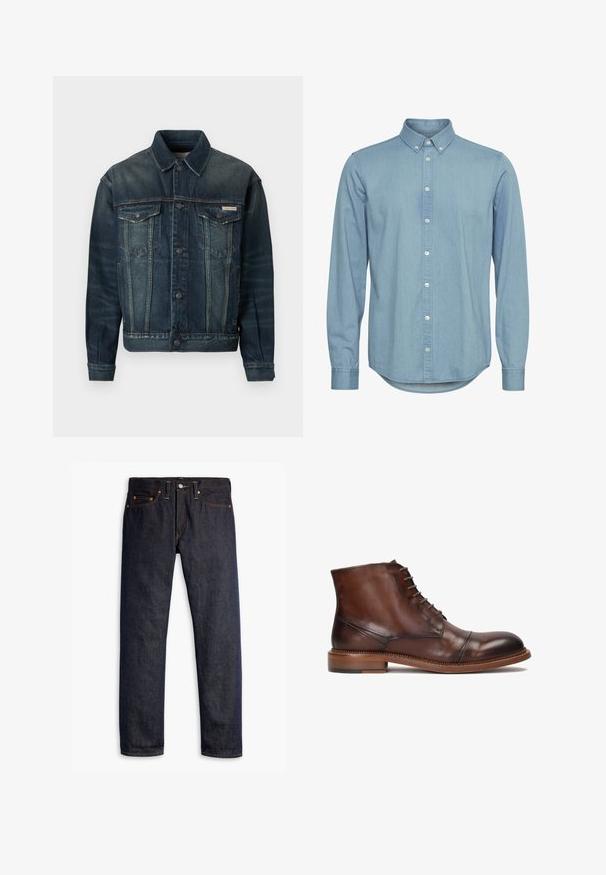 Chaqueta de mezclilla en azul oscuro con un ligero desgastado. Cuenta con dos bolsillos en el pecho, cierre de botones y cuello clásico. Tela texturizada.; Camisa de mezclilla azul claro con cuello abotonado, mangas largas y dobladillo curvado. Presenta una tapeta delantera con botones blancos.; Vaqueros de denim azul oscuro con corte recto, diseño de cinco bolsillos, remaches de cobre, costuras amarillas y una tela texturizada distintiva.; Botas de tobillo de cuero marrón con punta redonda, diseño de cordones y suela de goma con un detalle de tacón en contraste. Textura suave y pulida.