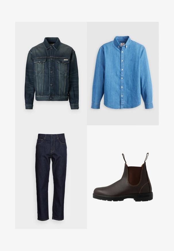 Jeanskurt i mørkeblå med lys falmning. Har to brystlommer, knaplukning og klassisk krave. Tekstileret stof.; Lyseblå denimskjorte med lange ærmer, knap-ned krave og hvide knapper. Har et lille broderet logo på brystet.; Mørkeblå denimjeans med lige pasform, fem lommer og kontrasterende gul syning. Designet med en klassisk knap- og lynlåslukning.; Brun læder Chelsea-støvle med elastisk sidepanel, brun syning, trækstropper og en holdbar gummisål med et tekstureret mønster.
