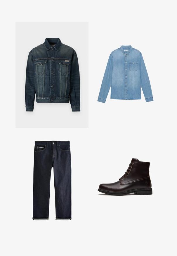 Jeansjacke in Dunkelblau mit leichter Ausbleichung. Verfügt über zwei Brusttaschen, Knopfschluss und klassischen Kragen. Strukturierter Stoff.; Hellblaues Denim-Hemd mit Knopfleiste, langen Ärmeln, spitzem Kragen, einer Brusttasche und dezentem Verblassen des Stoffes.; Dunkelblaue Jeans aus Denim mit umgeschlagenen Bündchen, Knopf- und Reißverschluss, Vorder- und Münztaschen und kontrastierenden Nähten vor weißem Hintergrund.; Dunkelbrauner Leder-Schnürstiefel mit Gummisohle und dezentem geprägtem Logo nahe der Ferse, von der Außenseite gezeigt.