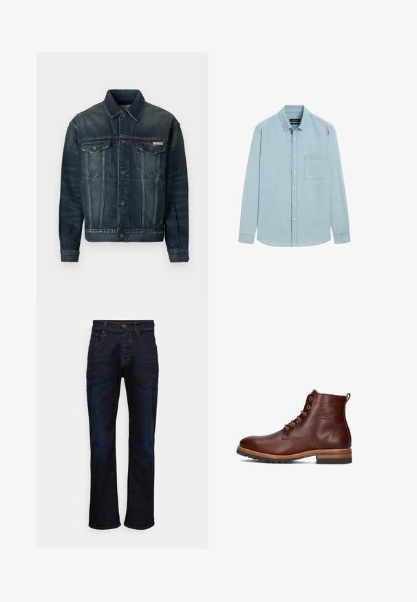 Jeansjacke in Dunkelblau mit leichter Ausbleichung. Verfügt über zwei Brusttaschen, Knopfschluss und klassischen Kragen. Strukturierter Stoff.; Hellblaues langärmliges Hemd mit Knopfleiste, Button-Down-Kragen und Brusttasche, gezeigt auf weißem Hintergrund.; Dunkelblaue Denim-Jeans mit gerade geschnittenem Design, fünf Taschen und kontrastierenden Nähte. Das Material hat eine glatte, gewebte Textur.; Braune Leder-Ankle-Boots mit runder Zehenpartie, Schnürdesign, kontrastierendem Absatz und Laufsohle sowie geprägtem Logo an der Seite.