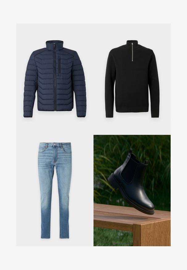 Marineblaue Steppjacke mit vertikalen Nähten, hohem Kragen, durchgehendem Reißverschluss und Brusttasche; mit kontrastierendem Stoff auf den Schultern.; Schwarzer, gestrickter Pullover mit langen Ärmeln, hohem Kragen und silbernem Halbmond-Reißverschluss an der Vorderseite auf weißem Hintergrund.; Hellblaue Slim-Fit-Denim-Jeans mit vorderem Knopf und Reißverschluss, Vorder- und Gesäßtaschen, flach auf weißem Hintergrund dargestellt.; Schwarze Leder-Stiefelette mit elastischen Seitenpaneelen, schwebend über einer hölzernen Bank, mit grünem Laub im Hintergrund.