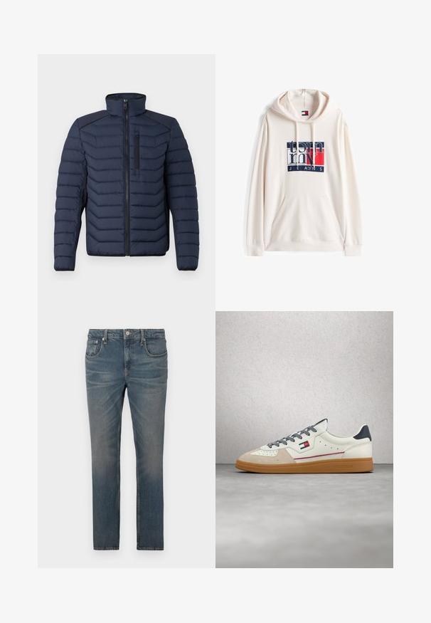 Marineblaue Steppjacke mit vertikalen Nähten, hohem Kragen, durchgehendem Reißverschluss und Brusttasche; mit kontrastierendem Stoff auf den Schultern.; Cremfarbener Hoodie aus weichem Stoff. Hat eine Fronttasche, eine Kapuze mit Kordelzug und ein Logo mit marineblauen und roten Akzenten auf der Brust.; Herren Slim-Fit Jeans aus blauem Denim mit leichter Ausbleichung und klassischem 5-Taschen-Design, vor einem weißen Hintergrund präsentiert.; Weißer und beiger Sneaker mit Gummisohle, schwarz-weiße Schnürsenkel, rotes und blaues Seitenlogo, schwebend über grauem Betonboden in der Nähe einer Glasbausteinwand.