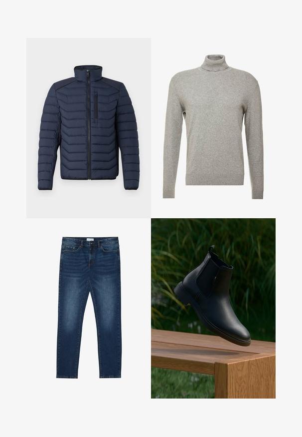 Marineblaue Steppjacke mit vertikalen Nähten, hohem Kragen, durchgehendem Reißverschluss und Brusttasche; mit kontrastierendem Stoff auf den Schultern.; Grauer Pullover mit hohem Kragen und langen Ärmeln. Hergestellt aus einem glatten, weichen Material mit taillierter Passform und gerippten Akzenten am Saum.; Dunkelblaue Slim-Fit-Jeans mit ausgewaschenen Details, klassischem Fünf-Taschen-Design, Knopfverschluss und Gürtelschlaufen.; Schwarze Lederknöchelstiefel, die über einer Holzbank mit grünem Gras und Pflanzen im verschwommenen Hintergrund schweben.