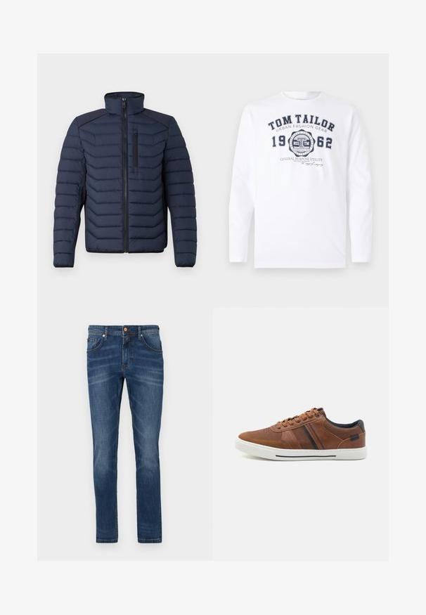 Marineblauwe pufferjas met verticale stiksels, hoge kraag, rits aan de voorkant en borstzak; beschikt over contrasterende stof op de schouders.; TOM TAILOR Longsleeve - white; Donkerblauwe denim jeans met een rechte pijp, vijf zakken, subtiele vervaging, contrasterende stiksels en een knoopsluiting in de taille.; Bruine leren sneakers met een gladde textuur, witte rubberen zool, zwarte accenten en decoratieve stiksels met zijstrepen.