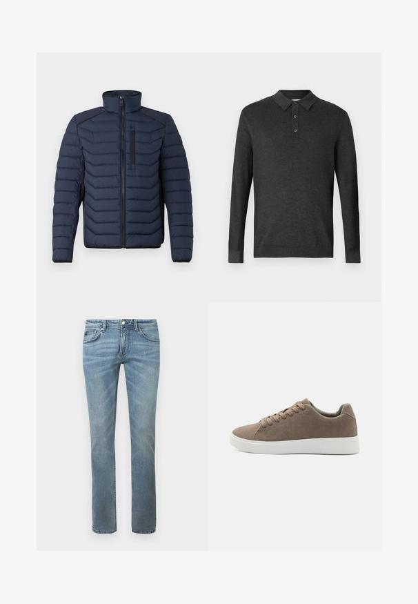 Marineblaue Steppjacke mit vertikalen Nähten, hohem Kragen, durchgehendem Reißverschluss und Brusttasche; mit kontrastierendem Stoff auf den Schultern.; TOM TAILOR COSY - Poloshirt - black grey; Helle blaue Jeans mit einem geraden Bein-Design, hergestellt aus Denim. Merkmale umfassen Standardtaschen, Gürtelschlaufen und dezente Verblassung.; Braune Wildledersneaker mit flachen weißen Gummisohlen, Schnürdesign, abgerundete Zehen und einer glatten Textur. Minimalistischer Stil mit dezenten Nähdetails.