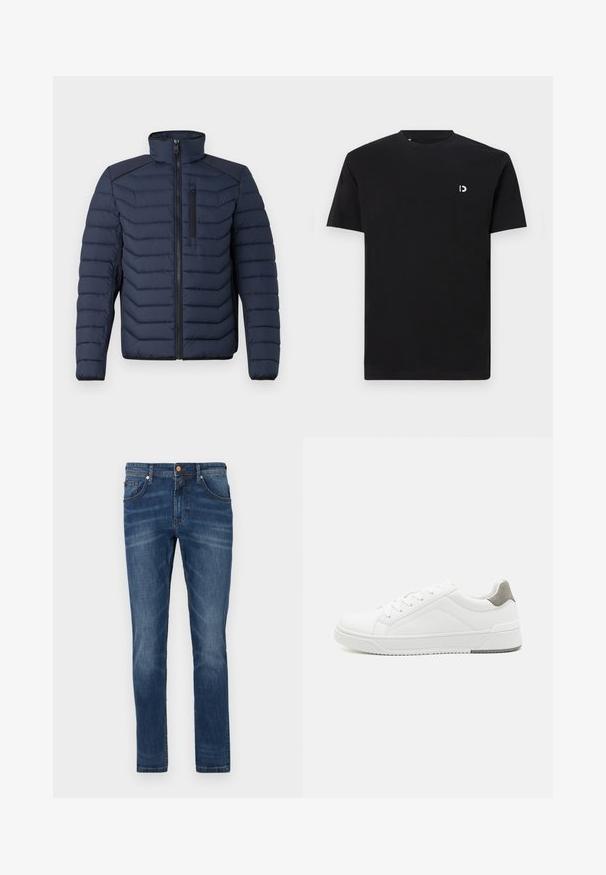 Marineblaue Steppjacke mit vertikalen Nähten, hohem Kragen, durchgehendem Reißverschluss und Brusttasche; mit kontrastierendem Stoff auf den Schultern.; Schwarz Baumwoll-T-Shirt mit kurzen Ärmeln, rundem Halsausschnitt und einem kleinen weißen Logo auf der linken Brustseite. Glatte Textur, schlichtes Design.; Dunkelblaue Jeans aus Denim mit geradem Bein, fünf Taschen, dezente Verwaschungen, kontrastierende Nähte und einem Knopfverschluss an der Taille.; Weißer Sneaker aus glattem Leder, runde Zehenpartie, minimalistisches Design, graue Fersenkante und strukturierte Gummisohle.