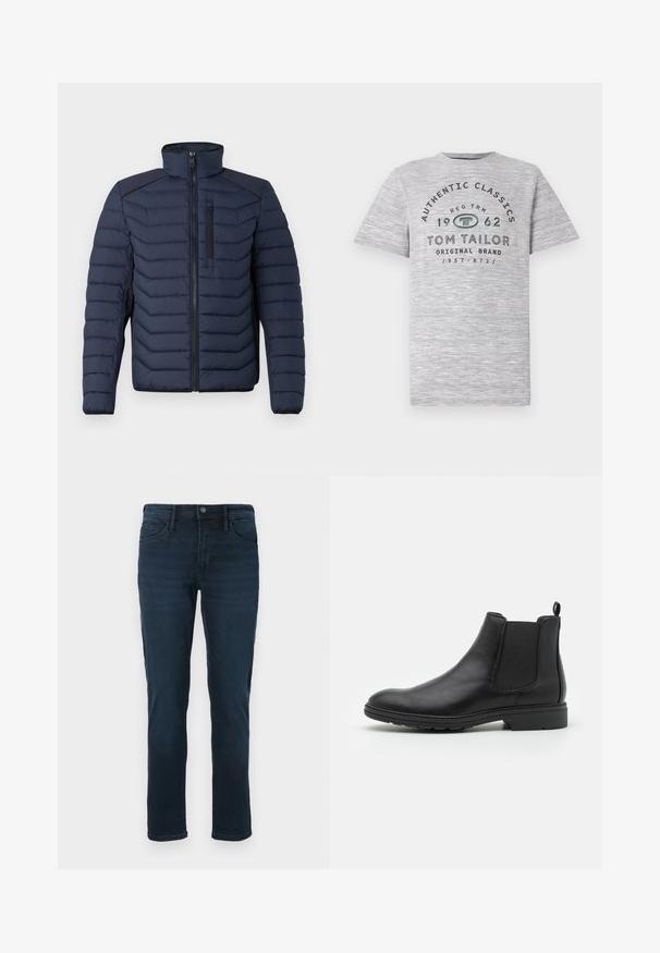 Marineblaue Steppjacke mit vertikalen Nähten, hohem Kragen, durchgehendem Reißverschluss und Brusttasche; mit kontrastierendem Stoff auf den Schultern.; Graues Heather-Kurzarmshirt mit dem Aufdruck "Authentic Classics 1962" und "Tom Tailor" in kontrastierenden dunkelgrünen und schwarzen Buchstaben.; Dunkelblaue Denim-Jeans mit geradem Bein, fünf Taschen, einem Knopfverschluss und dezentem Verblassen an der Vorderseite.; Schwarze Leder Chelsea-Stiefel mit elastischen Seiteneinsätzen und einer Ziehschlaufe, runder Zehenform und strukturiertem Gummisohle.