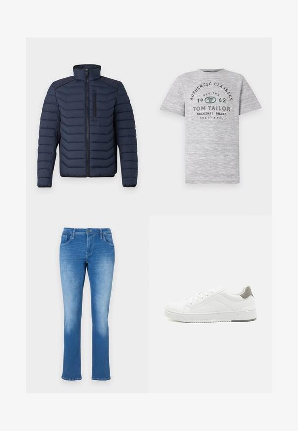 Marineblauwe pufferjas met verticale stiksels, hoge kraag, rits aan de voorkant en borstzak; beschikt over contrasterende stof op de schouders.; Grijze heide korte mouwen t-shirt met daarop "Authentic Classics 1962" en "Tom Tailor" bedrukt in contrasterende donkergroene en zwarte tekst.; Blauwe denim jeans met een rechte pijp, uitgerust met vijf zakken, een ritssluiting en contrasterende stiksels. De stof heeft een gemiddelde wassing met vervaging.; Witte sneaker van glad leer met een ronde neus, minimalistisch ontwerp, grijze hielaccent en een geplaatste rubberen zool.