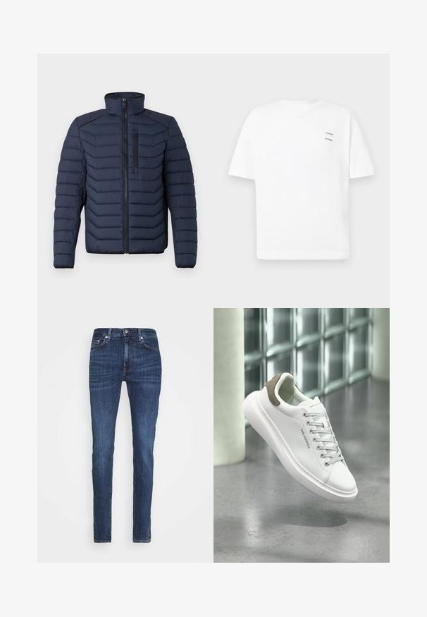 Marineblaue Steppjacke mit vertikalen Nähten, hohem Kragen, durchgehendem Reißverschluss und Brusttasche; mit kontrastierendem Stoff auf den Schultern.; Weißes Baumwoll-T-Shirt mit lässiger Passform, kurzen Ärmeln und V-Ausschnitt. Verfügt über zwei kleine schwarze gedruckte Logos auf der linken Seite.; Dunkelblaue Slim-Fit-Jeans mit vorderem Knopf und Reißverschluss, fünf Taschen, und leichtem Verblassen an Oberschenkeln und Knien.; Weißer Ledersneaker mit dicker Sohle und grauen Schnürsenkeln, beigem Fersenlasche, mit der Aufschrift "KARL LAGERFELD", schwebt über einem grauen Boden vor einer Wand aus Glasbausteinen.