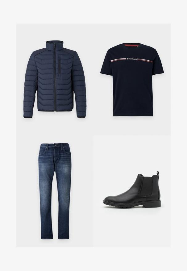 Marineblaue Steppjacke mit vertikalen Nähten, hohem Kragen, durchgehendem Reißverschluss und Brusttasche; mit kontrastierendem Stoff auf den Schultern.; Marineblaue Baumwoll-T-Shirt mit kurzen Ärmeln und rundem Halsausschnitt, ausgestattet mit einem weißen und roten horizontalen Streifendesign und dem "TOM TAILOR" Logo.; Dunkelblaue Jeans aus Denim mit geradem Bein, versehen mit einer hellen Waschanlage, fünf Taschen und sichtbaren Nähten entlang der Nähte.; Schwarze Leder Chelsea-Stiefel mit elastischen Seiteneinsätzen und einer Ziehschlaufe, runder Zehenform und strukturiertem Gummisohle.